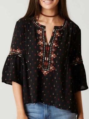 Miss Me Women's Size Small Black Embroidered Bell Sleeve Peasant Boho Blouse Top